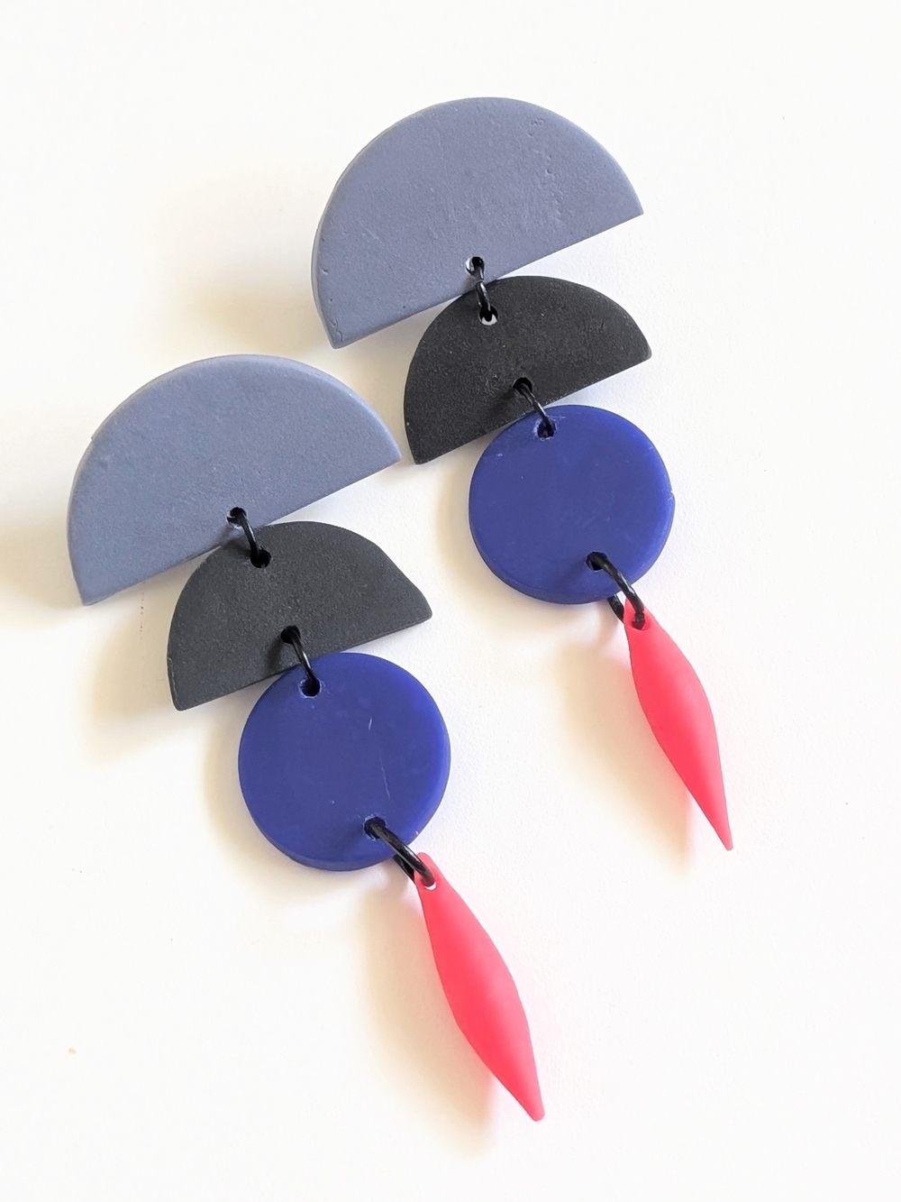 Statement Geometric Drop Earrings in Gray, Black, Blue & Pink